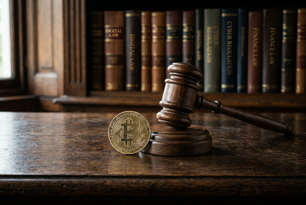 A legal gavel resting next to a physical Bitcoin coin on a wooden table.